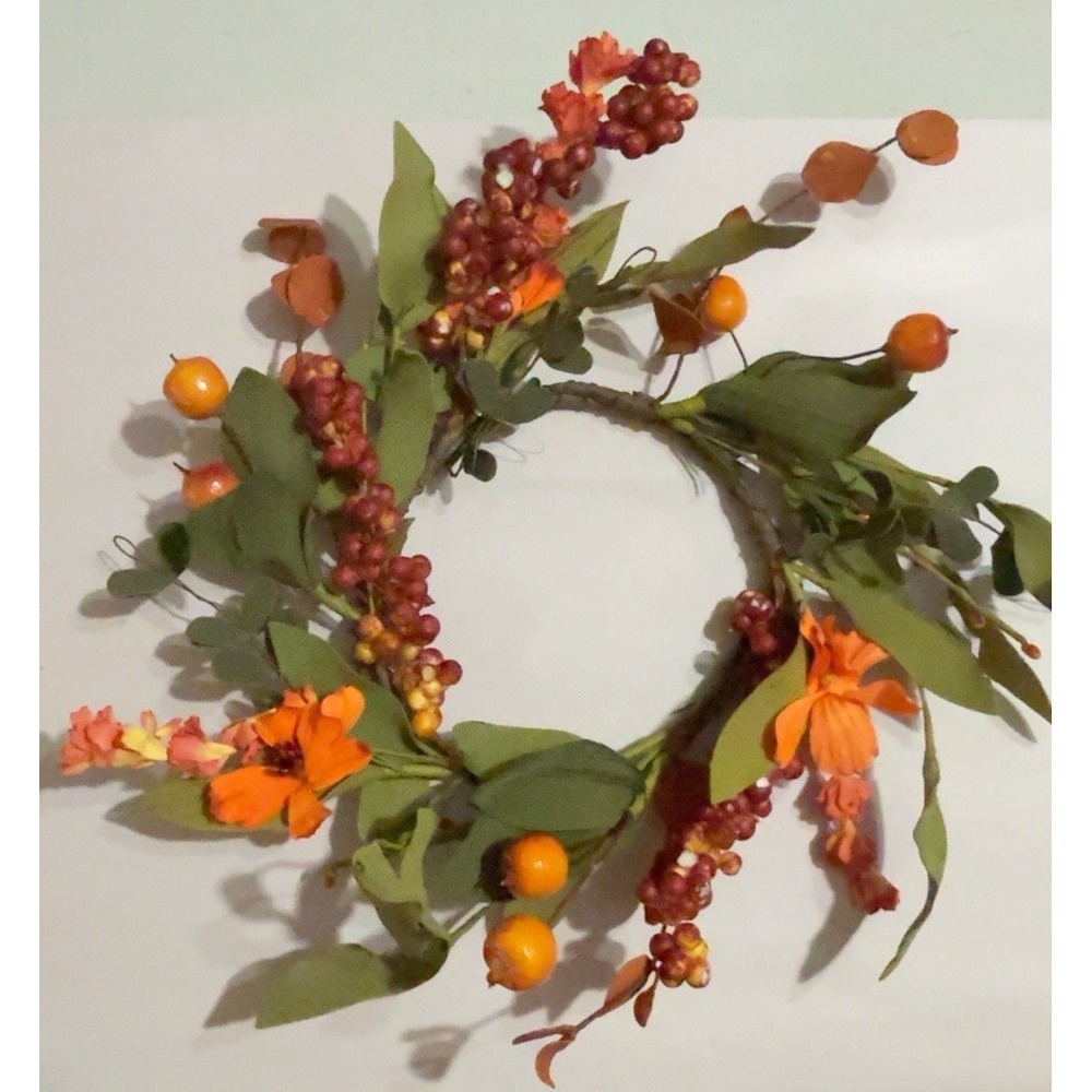 NEW Fall Candle Ring 4.5" Orange Berries Flowers Real Touch Faux Floral Wreath